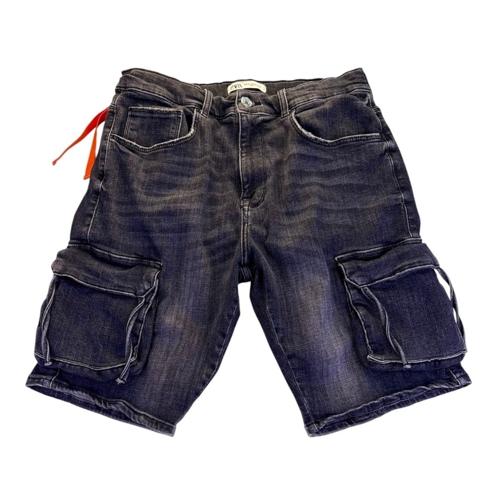 Zara Faded Black Denim Cargo Shorts Men's 36 Distressed Streetwear Utility Urban